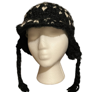 BonFire Ladies Wool Blend Brim Braid Black White Heart Hat Winter